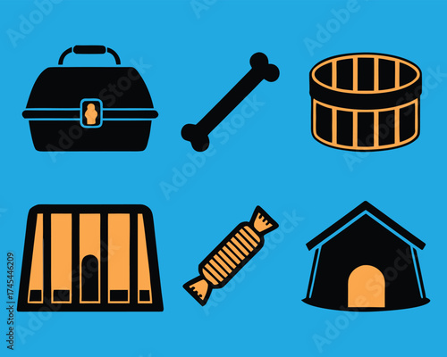 Essential pet supplies and accessories for animals, featuring a carrier, bone, bed, cage, treat, and dog house illustration.