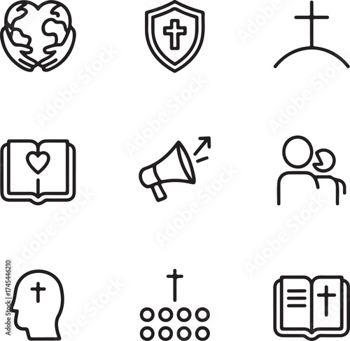 Christian icons depicting faith community outreach evangelism and religious concepts