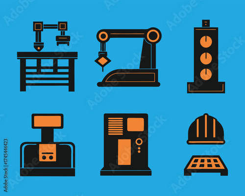 Industrial automation and robotics icons: a collection of factory equipment, including robotic arms, control panels, and safety gear, depicting modern manufacturing technology.