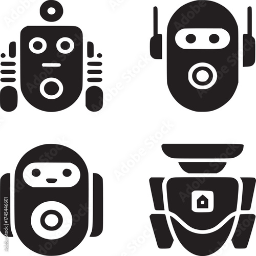 Four different robot designs in black and white on a white background in a square arrangement