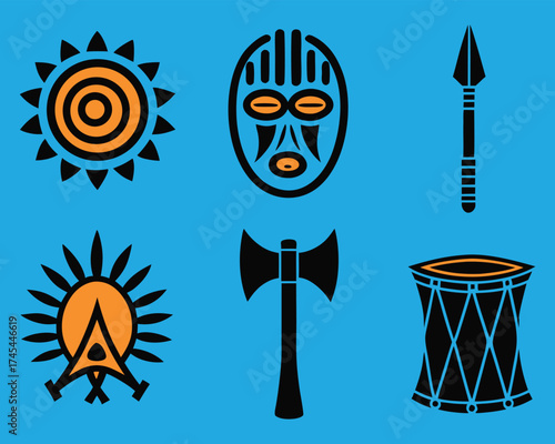 Traditional African cultural symbols artwork: tribal mask, sun designs, spear, axe, and drum on a bright blue canvas.
