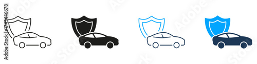 Car With Shield Line And Solid Icon Set. Vehicle Protection And Insurance Symbol Collection. Safety And Security Assurance For Automobiles. Isolated Vector Illustration