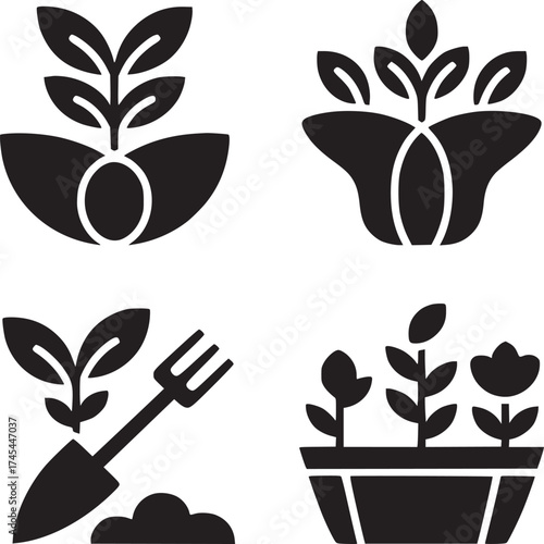 Four black and white icons depicting plants growing in soil and gardening tools on a white background