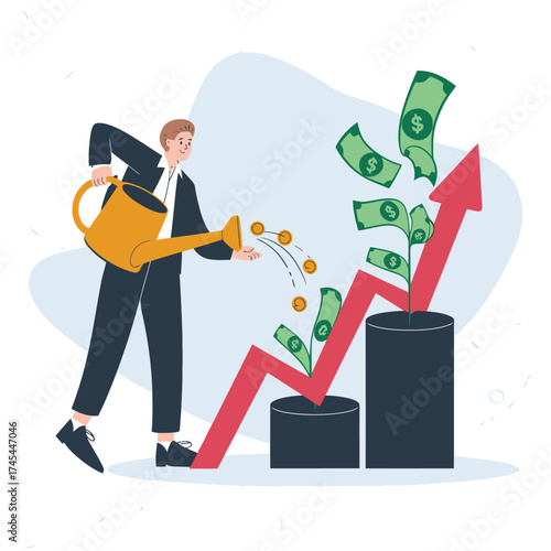 Vector art of businessman watering a plant that grows money, with a rising graph in the background, illustrating investment growth and financial nurturing