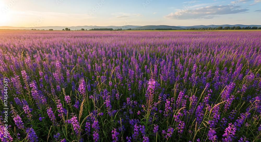 Naklejka premium Vibrant Purple Flower Field at Sunset with Rolling Hills in the Background