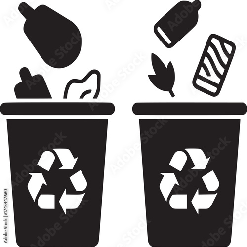 Black and white illustration of two recycling bins with various items being thrown into them