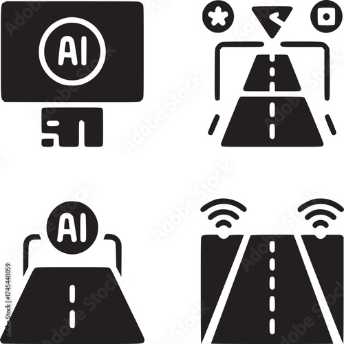Illustration of artificial intelligence driving technology with road and sensor icons set