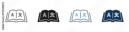 Open Book With Language Symbols Line And Solid Icon Set. Multilingual Translation And Language Learning Collection. Educational And Linguistic Tools. Isolated Vector Illustration