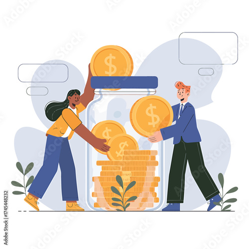 Vector art of two people are putting coins into a large glass jar, symbolizing saving money and financial growth, with a clean, modern illustration style