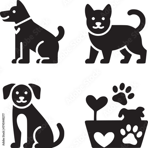 Four black and white pet icons including dogs and a cat in a grid pattern on a white background
