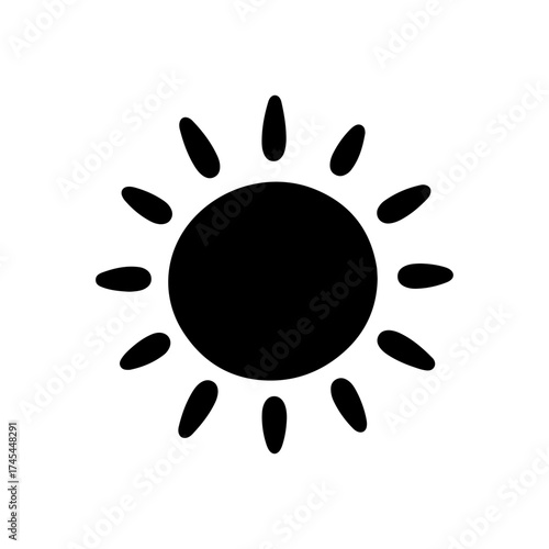 Minimalist Black Sun Icon with Rays on White Background