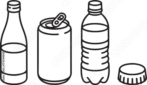 Minimalist Illustration of Various Drink Containers Bottle Can and Bottle Cap