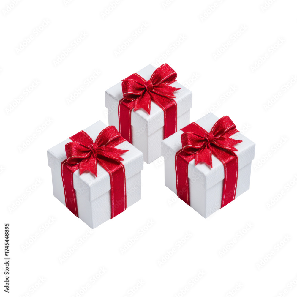 Obraz premium Three Elegant White Gift Boxes with Red Ribbons Over a Clean Background for Celebrations and Special Occasions
