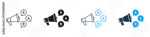 Language Announcement Line And Solid Icon Set. Megaphone And Multilingual Speech Bubble For Global Messaging, Public Communication, And Translation Alerts. Isolated Vector Illustration