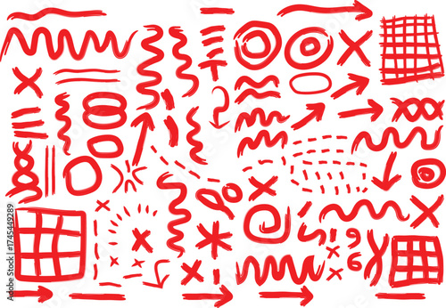 A large set of hand-drawn red marker doodles featuring various arrows shapes symbols and lines perfect for emphasis and annotation 