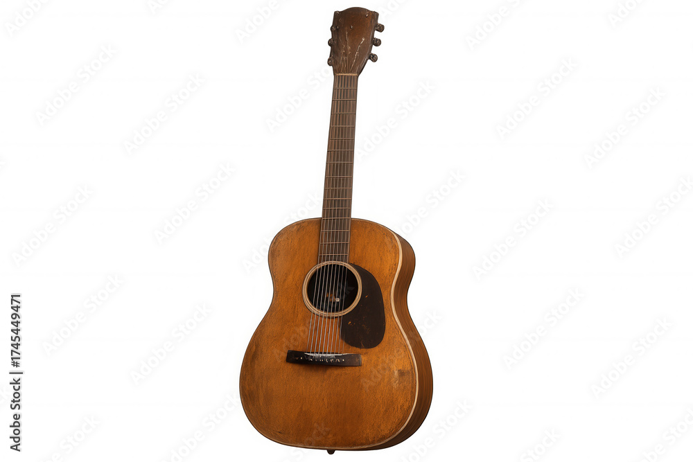Obraz premium Vintage acoustic guitar with visible wear and sound hole, representing country music and a long history of playing on a transparent background