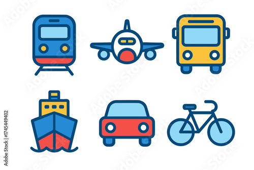 Colorful set of transportation icons featuring public transit and personal travel modes