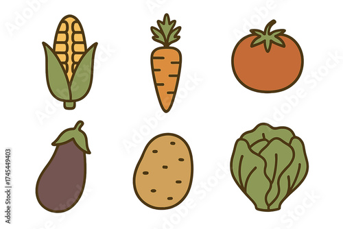 Fresh organic vegetables collection including corn carrot tomato eggplant potato lettuce
