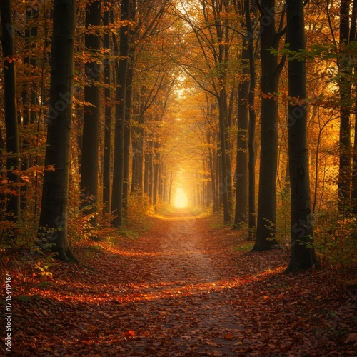 Autumn Forest Path with Sunlight Through Trees and Fallen Leaves in Warm Tones