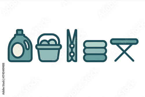 Essential laundry items set including detergent bottle, basket, clothespin, folded towels, and ironing board