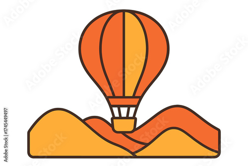 Orange and yellow hot air balloon floating above stylized desert hills