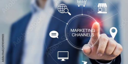 Digital Marketing Channels: An individual in a sharp business suit interacts with a circular graphic showcasing various digital marketing channels.