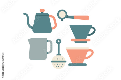 Collection of coffee and tea brewing equipment icons including kettle and portafilter