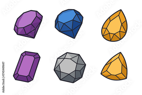 Collection of six colorful faceted gemstones in different shapes and colors