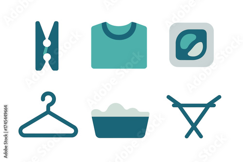 Essential laundry and clothing care symbols including clothespin, shirt, hanger, wash basin, and drying rack