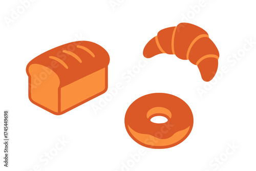 Isometric collection of baked goods including bread, croissant, and sweet donut