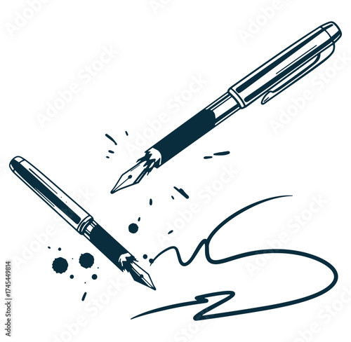 Elegant vector illustration of two fountain pens with ink splatters and a signature