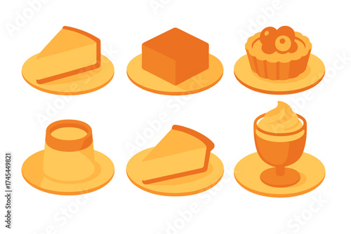 Isometric collection of various dessert icons including cake, pudding, tart, and mousse