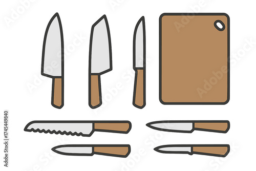 Set of essential kitchen knives including chef, utility, paring, and bread knives with a wooden cutting board