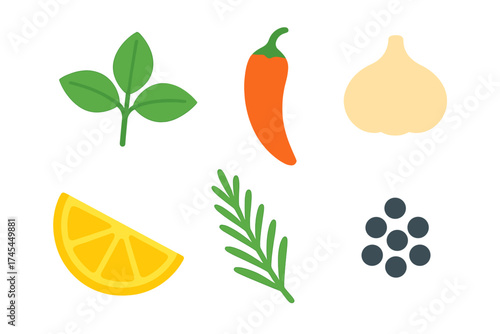 Flat design collection of cooking ingredients, herbs, spices, and citrus fruit