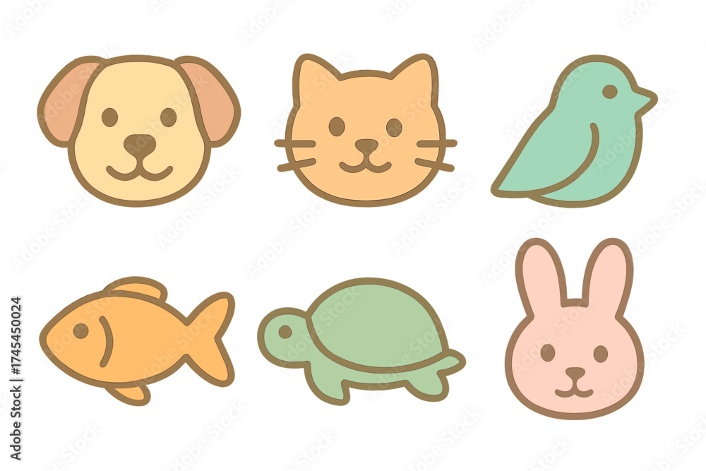 Naklejka premium Adorable cartoon animal icons set featuring dog, cat, bird, fish, turtle, and rabbit characters