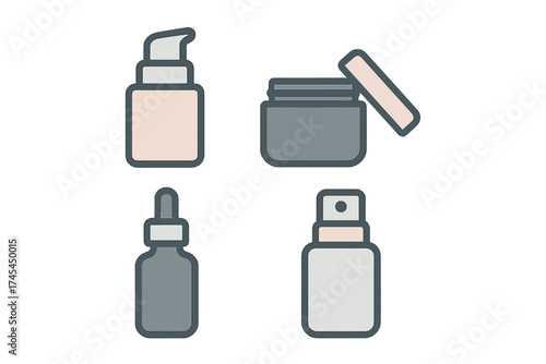 Set of beauty product containers featuring pump dispenser, open cream jar, serum dropper bottle, and spray mist bottle