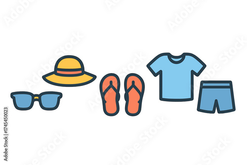 Colorful summer holiday clothing and beach accessories arranged horizontally