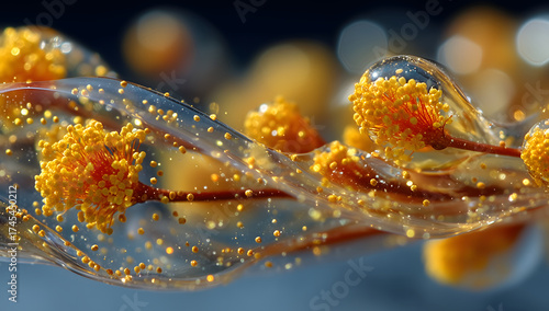 Golden pollen and delicate flowers captured in transparent resin, close-up macro photography of botanical texture with glowing bokeh and natural light reflections, abstract organic elegance
