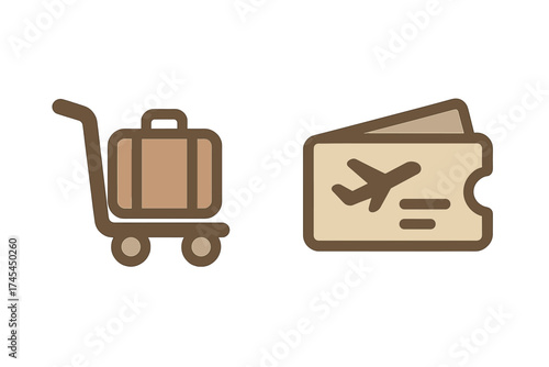 Set of travel icons showing airport luggage trolley, suitcase, and airplane boarding pass ticket