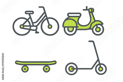 Set of modern personal transportation methods featuring bike, moped, skateboard, and push scooter