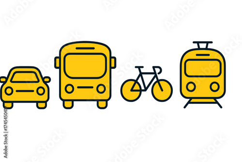 Yellow and black outline icons for urban transport: car, bus, bicycle, and train