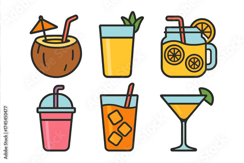 Tropical and summer beverage icons garnished with fresh fruit slices