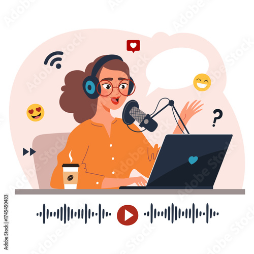 Young female blogger or online content creator recording a podcast. Audio streaming and digital broadcasting concept. Flat vector illustration