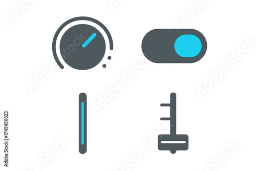 Set of interface control icons featuring gauge, toggle switch, slider, and level indicator