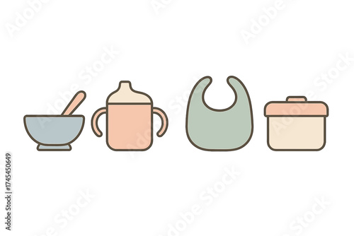 Pastel colored icons for baby feeding accessories and utensils