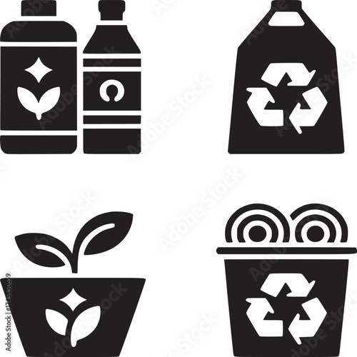 A collection of four black and white icons depicting ecology and sustainability related concepts