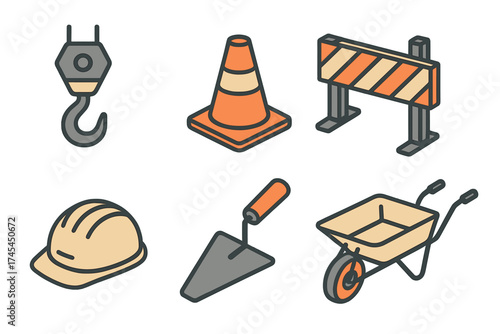Isometric set of construction and repair tools with essential safety equipment