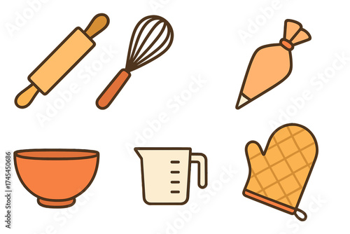 Collection of essential baking and pastry making kitchen utensil icons