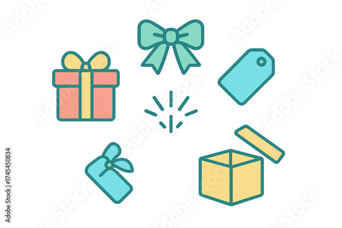 Assortment of colorful gift box icons and wrapping accessories