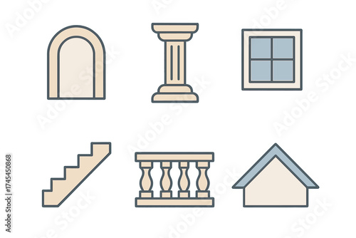 Collection of architectural building elements icons featuring archway, column, window, stairs, and railing